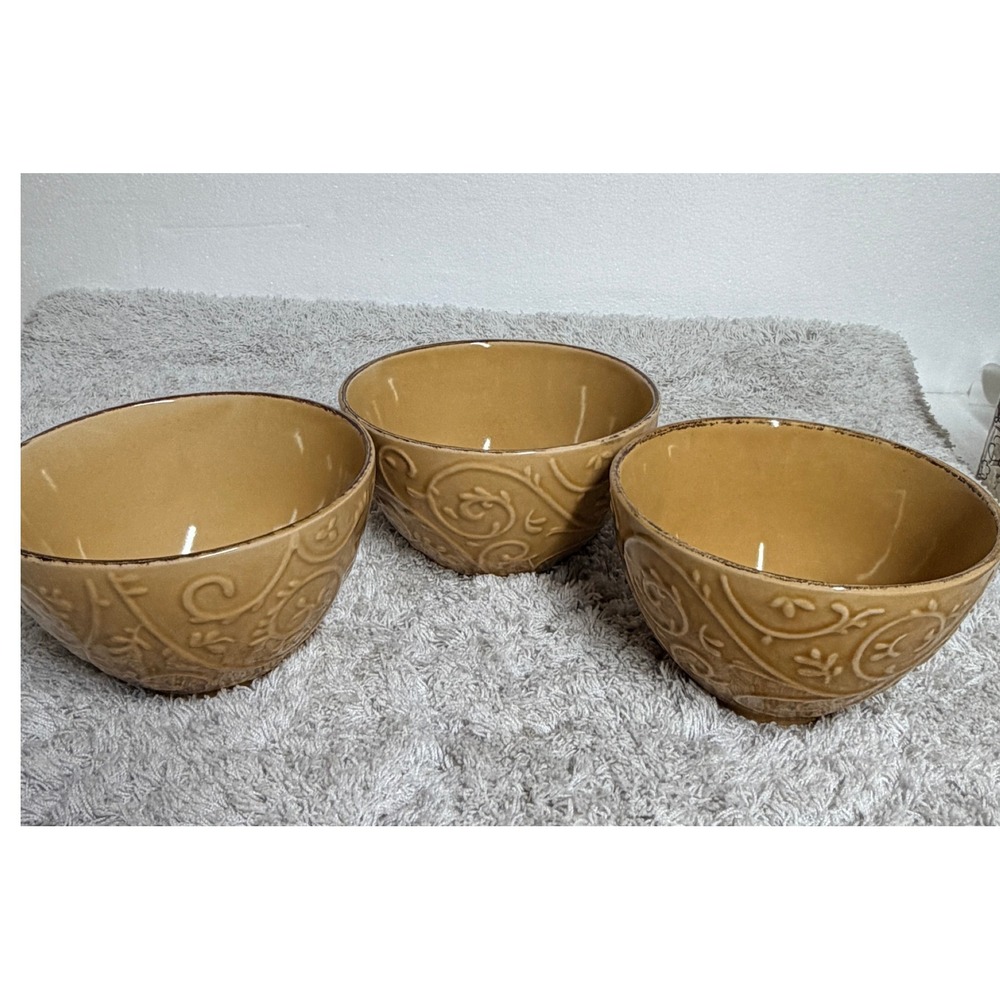 Pfaltzgraff Passage‎ Tan Embossed Scroll Stoneware Cereal Bowls Set of 3